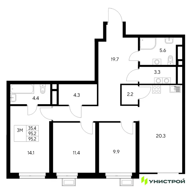 Планировка 3-комн. квартира, 95.2 м² ЖК «Стадиум» Планировка 3-комн. квартира, 95.2 м² ЖК «Стадиум»