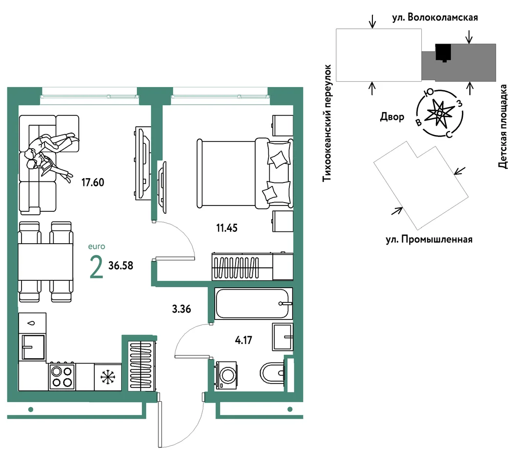 Планировка 2-комн. квартира, 36.58 м² ЖК «Страна Прибрежная»
