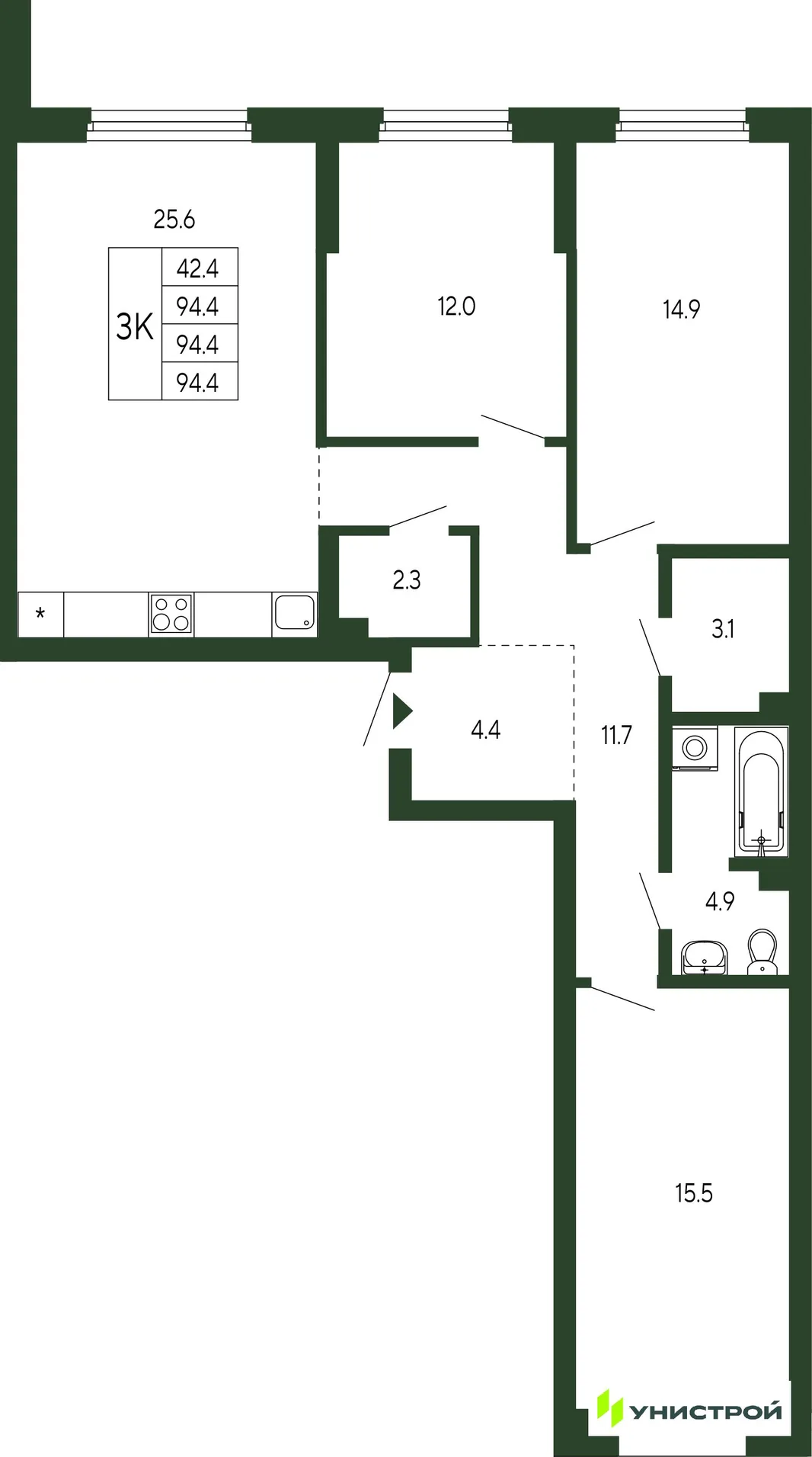 Планировка 3-комн. квартира, 94.4 м² ЖК «Парковый квартал 2.0»