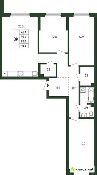 Планировка 3-комн. квартира, 94.4 м² ЖК «Парковый квартал 2.0»