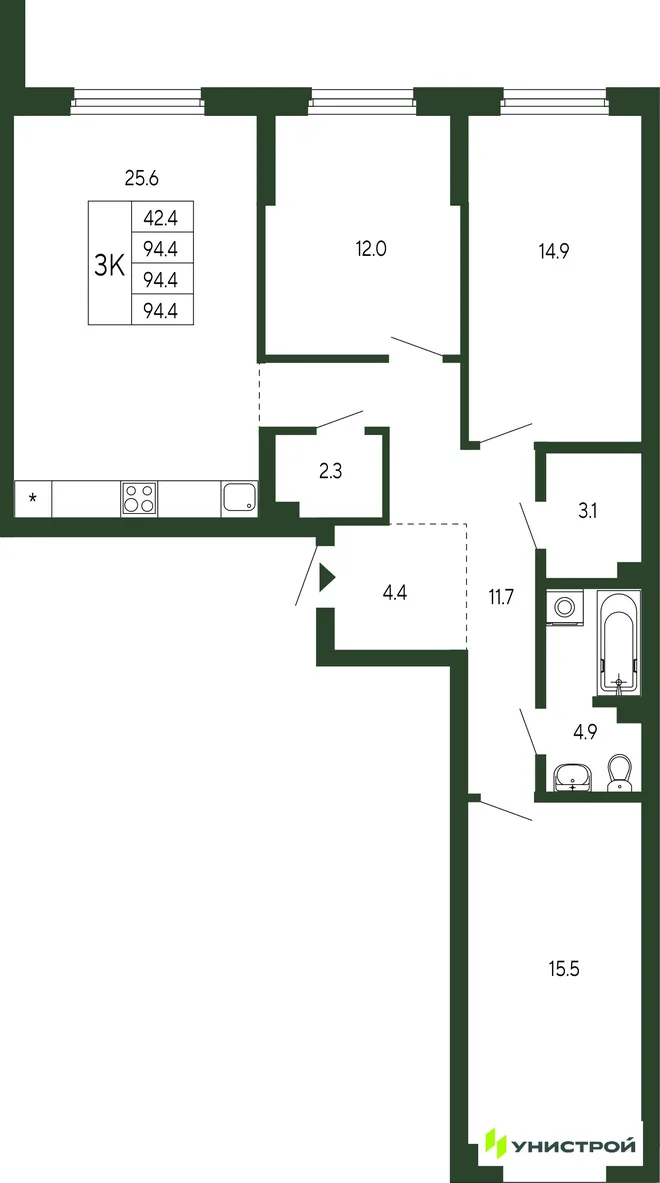 Планировка 3-комн. квартира, 94.4 м² ЖК «Парковый квартал 2.0» Планировка 3-комн. квартира, 94.4 м² ЖК «Парковый квартал 2.0»