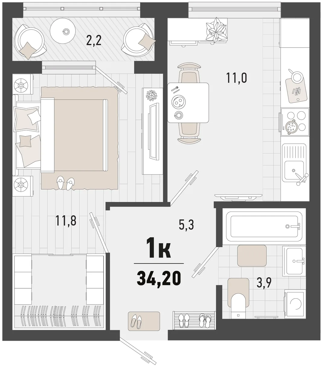 Планировка 1-комн. квартира, 34.2 м² ЖК «Барса»