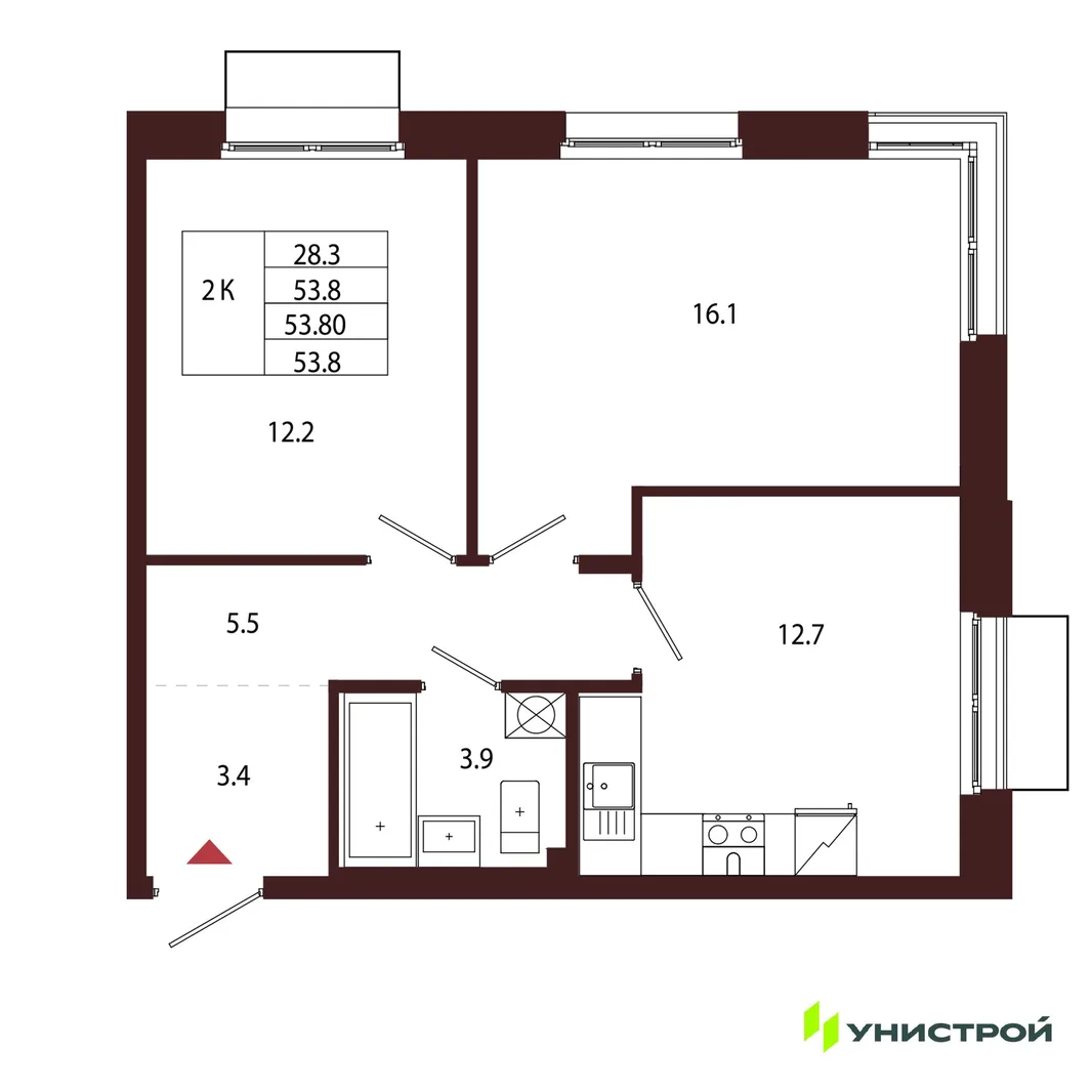 Планировка 2-комн. квартира, 53.8 м² ЖК «Лисино»