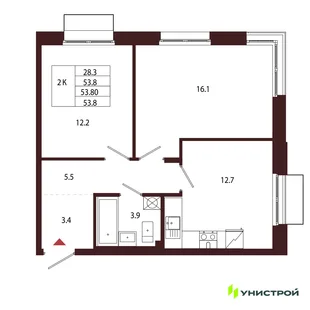 Планировка 2-комн. квартира, 53.8 м² ЖК «Лисино»