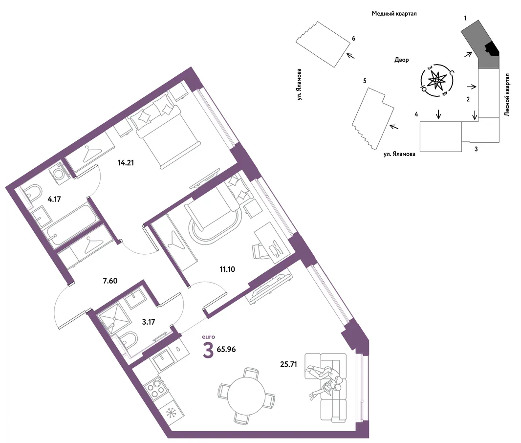 Планировка 3-комн. квартира, 65.96 м² ЖК «Сибирский сад»