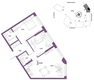 Планировка 3-комн. квартира, 65.96 м² ЖК «Сибирский сад»