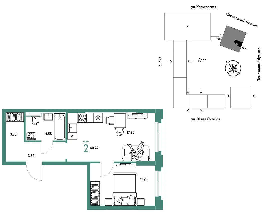Планировка 2-комн. квартира, 40.74 м² ЖК «Сердце Сибири»