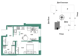 Планировка 2-комн. квартира, 39.11 м² ЖК «Европейский берег 2.0»