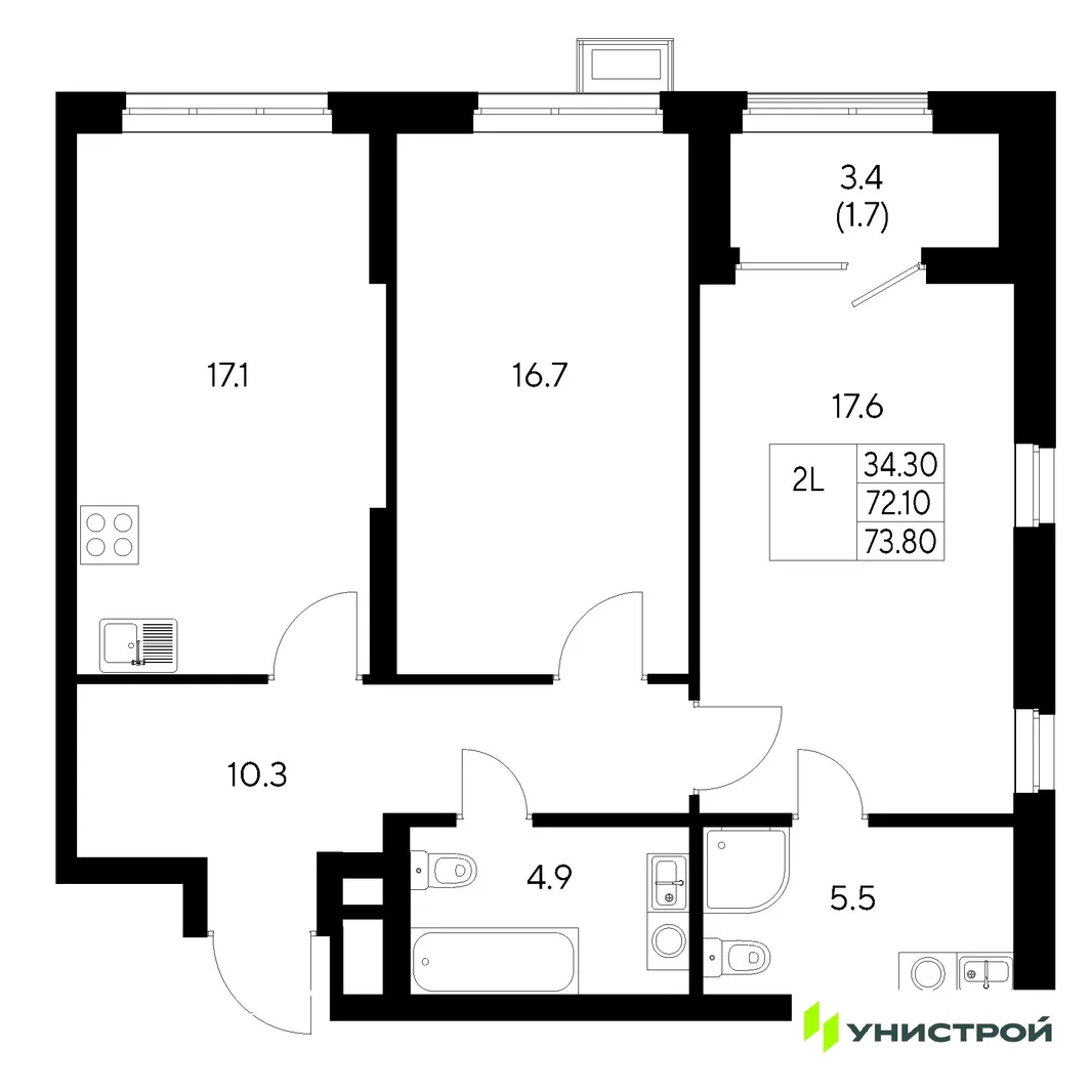 Планировка 2-комн. квартира, 73.8 м² ЖК «Стадиум»