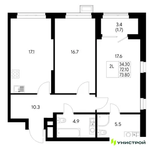Планировка 2-комн. квартира, 73.8 м² ЖК «Стадиум»