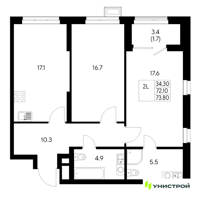 Планировка 2-комн. квартира, 73.8 м² ЖК «Стадиум» Планировка 2-комн. квартира, 73.8 м² ЖК «Стадиум»
