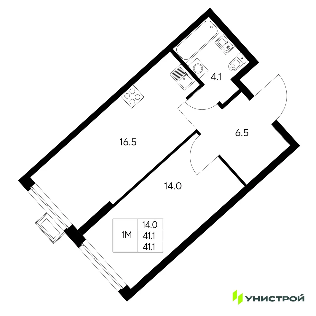 Планировка 1-комн. квартира, 41.1 м² ЖК «Стадиум»