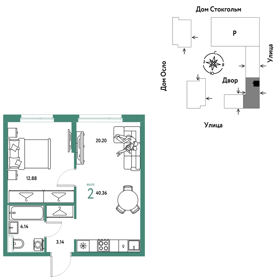 Планировка 2-комн. квартира, 40.36 м² ЖК «Европейский берег 2.0»