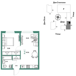 Планировка 2-комн. квартира, 40.36 м² ЖК «Европейский берег 2.0»