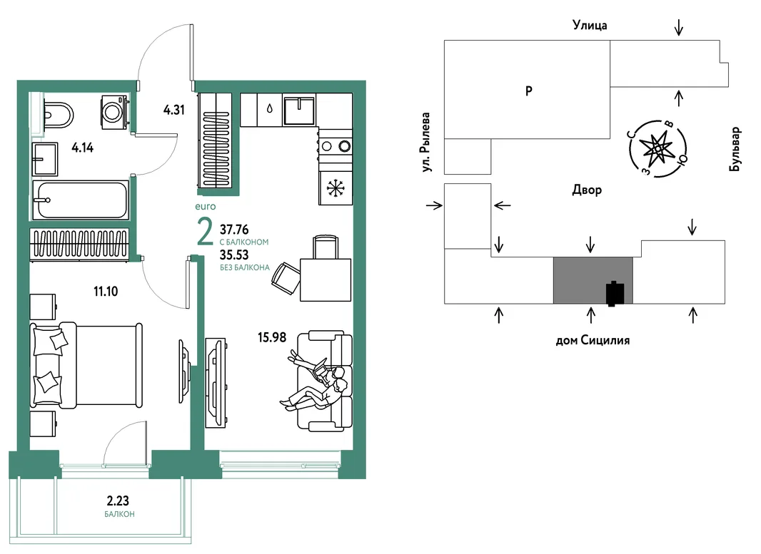 Планировка 2-комн. квартира, 37.76 м² ЖК «Остров-сад»