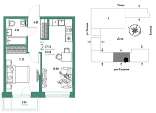 Планировка 2-комн. квартира, 37.76 м² ЖК «Остров-сад»