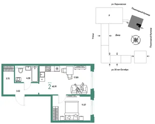 Планировка 2-комн. квартира, 40.91 м² ЖК «Сердце Сибири»