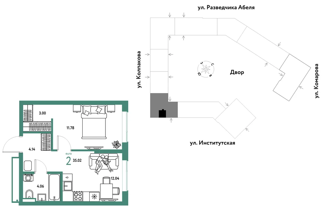 Планировка 2-комн. квартира, 35.02 м² ЖК «Страна.Парковая»