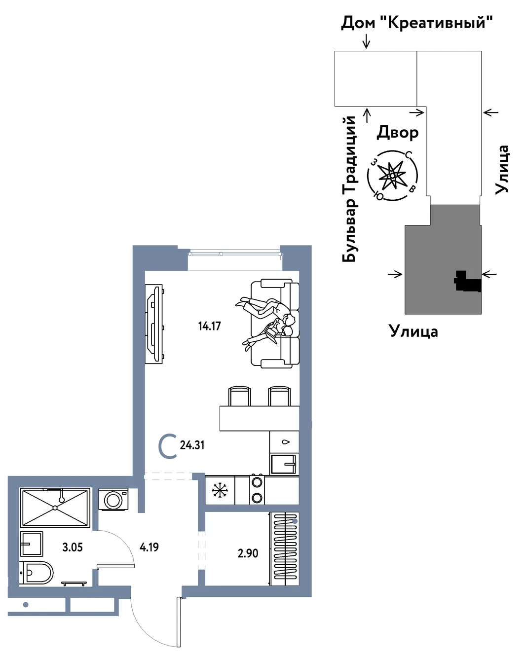 Планировка Студия, 24.31 м² ЖК «Микрорайон Домашний»