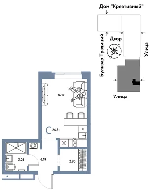 Планировка Студия, 24.31 м² ЖК «Микрорайон Домашний»