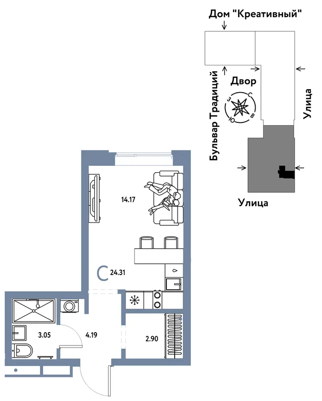 Планировка Студия, 24.31 м² ЖК «Микрорайон Домашний» Планировка Студия, 24.31 м² ЖК «Микрорайон Домашний»