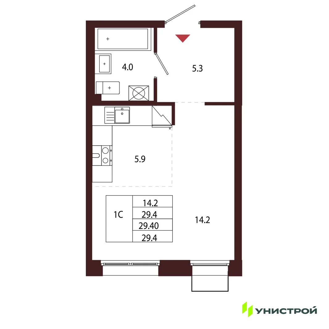 Планировка 1-комн. квартира, 29.4 м² ЖК «Лисино»