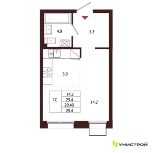 Планировка 1-комн. квартира, 29.4 м² ЖК «Лисино»