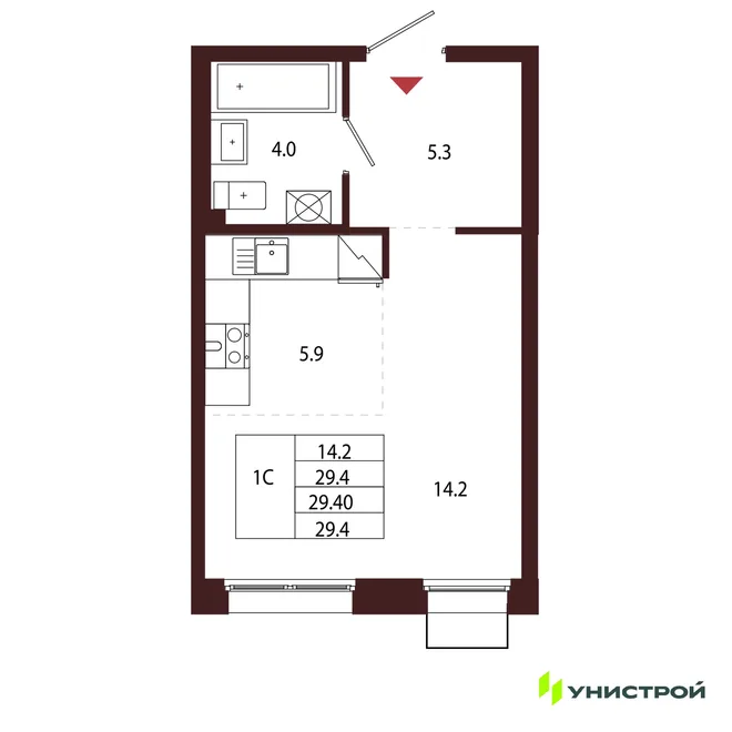 Планировка 1-комн. квартира, 29.4 м² ЖК «Лисино»