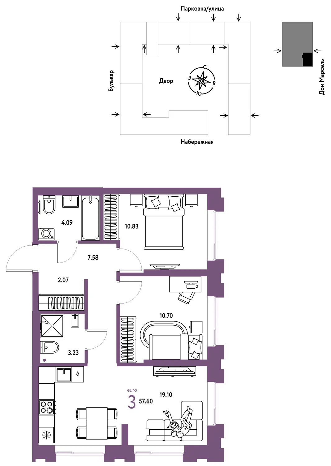 Планировка 3-комн. квартира, 57.6 м² ЖК «Европейский берег 2.0»