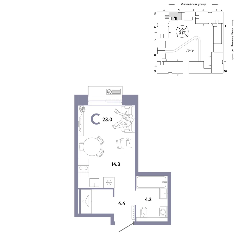 Планировка Студия, 23 м² ЖК «Страна.Заречная»