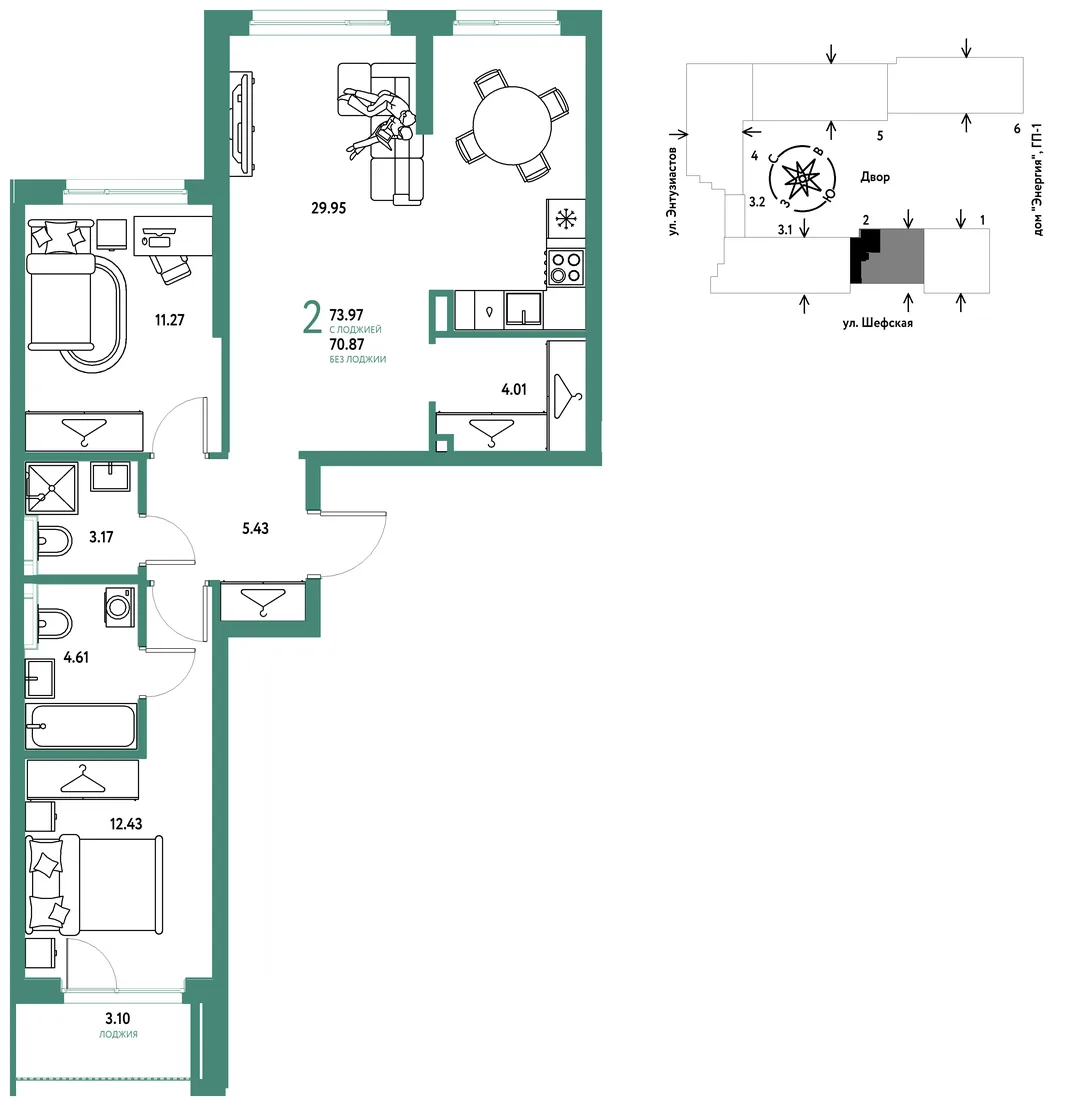 Планировка 2-комн. квартира, 74.06 м² ЖК «Страна.Энтузиастов»