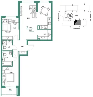 Планировка 2-комн. квартира, 74.06 м² ЖК «Страна.Энтузиастов»