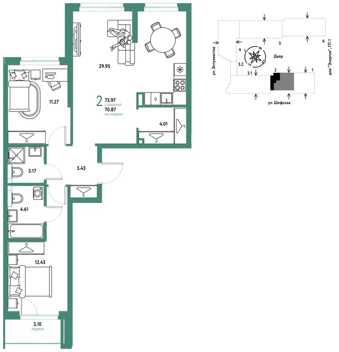 Планировка 2-комн. квартира, 74.06 м² ЖК «Страна.Энтузиастов» Планировка 2-комн. квартира, 74.06 м² ЖК «Страна.Энтузиастов»