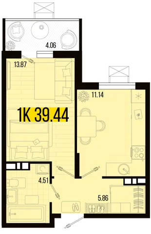 Планировка 1-комн. квартира, 37.41 м² ЖК «Цветной бульвар»