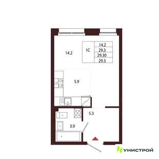 Планировка 1-комн. квартира, 29.3 м² ЖК «Лисино»