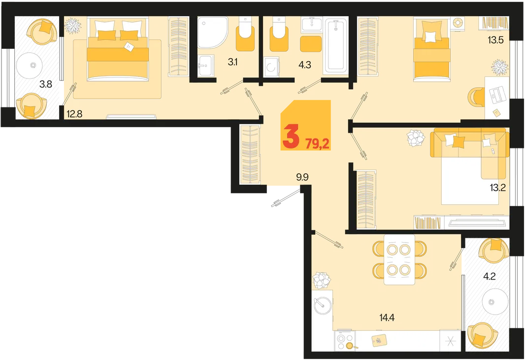 Планировка 3-комн. квартира, 79.2 м² ЖК «Первое место»