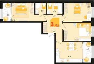 Планировка 3-комн. квартира, 79.2 м² ЖК «Первое место»