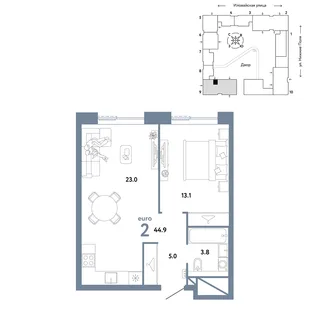 Планировка 2-комн. квартира, 44.9 м² ЖК «Страна.Заречная»