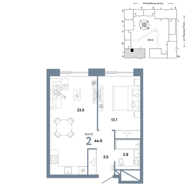Планировка 2-комн. квартира, 44.9 м² ЖК «Страна.Заречная» Планировка 2-комн. квартира, 44.9 м² ЖК «Страна.Заречная»