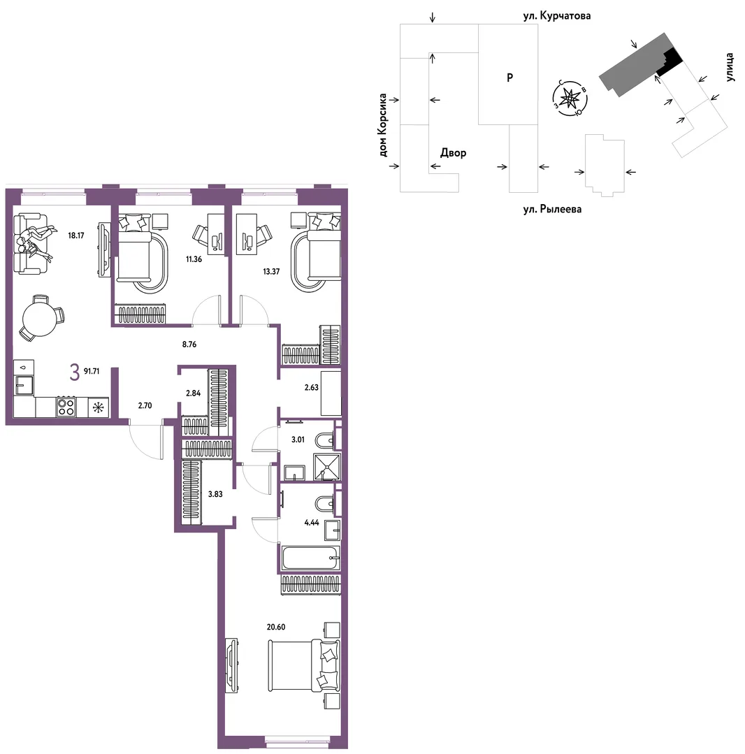 Планировка 3-комн. квартира, 92.16 м² ЖК «Остров-сад»
