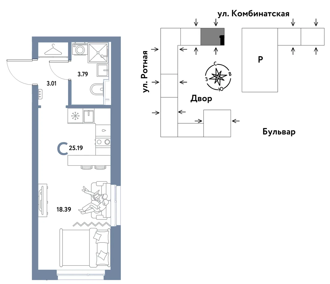 Планировка Студия, 25.06 м² ЖК «Уральский сад»