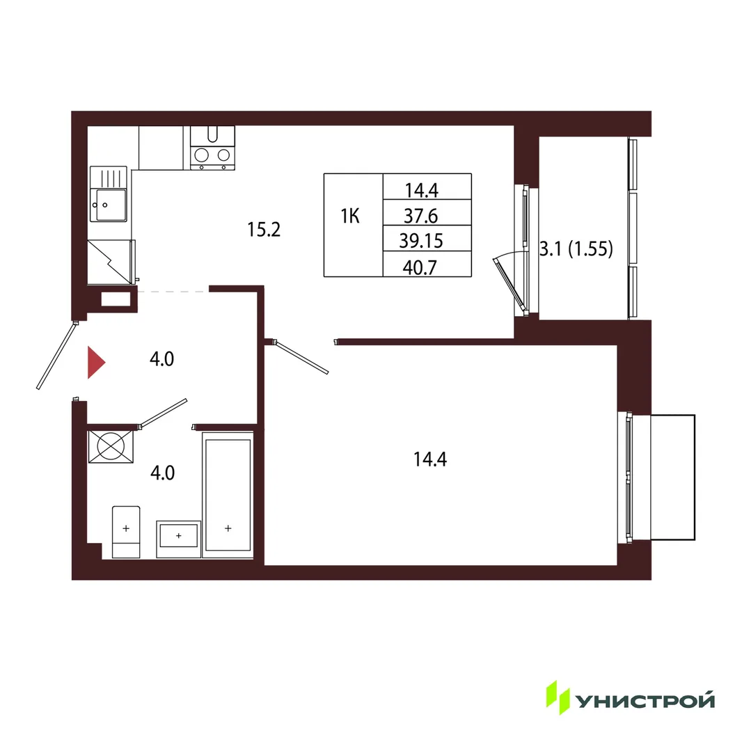 Планировка 1-комн. квартира, 39.15 м² ЖК «Лисино»