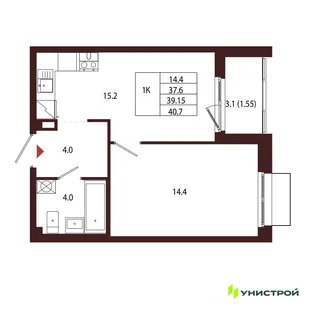 Планировка 1-комн. квартира, 39.15 м² ЖК «Лисино»