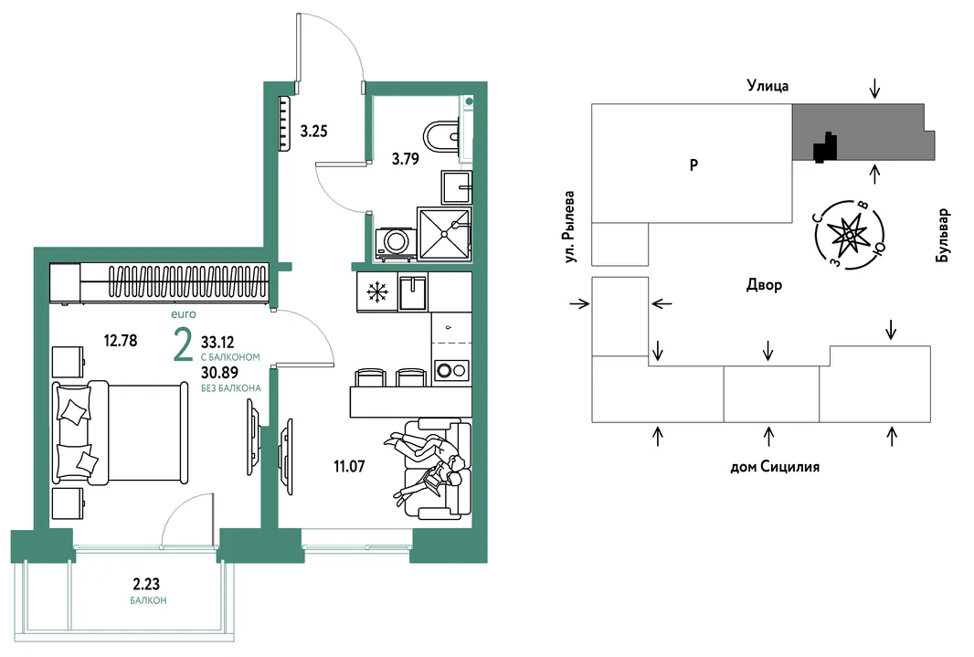 Планировка 2-комн. квартира, 33.12 м² ЖК «Остров-сад»