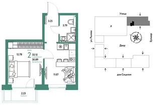 Планировка 2-комн. квартира, 33.12 м² ЖК «Остров-сад»