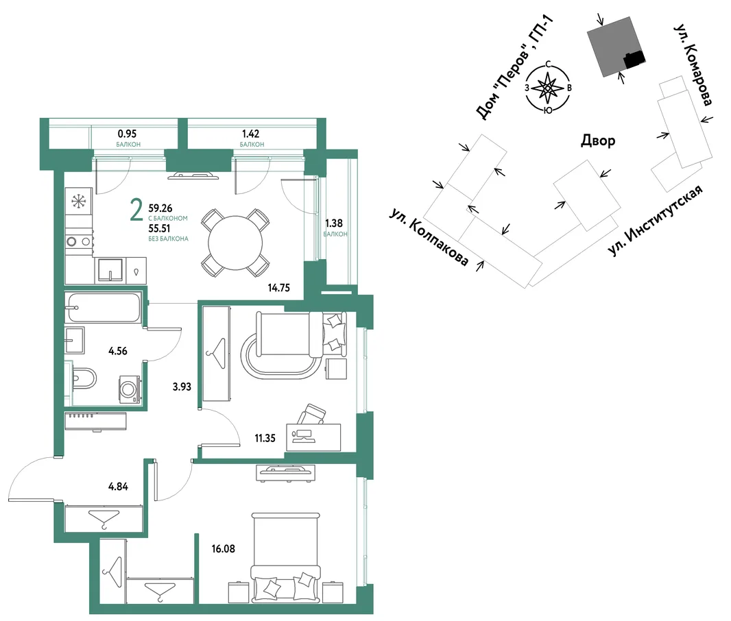 Планировка 2-комн. квартира, 59.26 м² ЖК «Страна.Парковая»