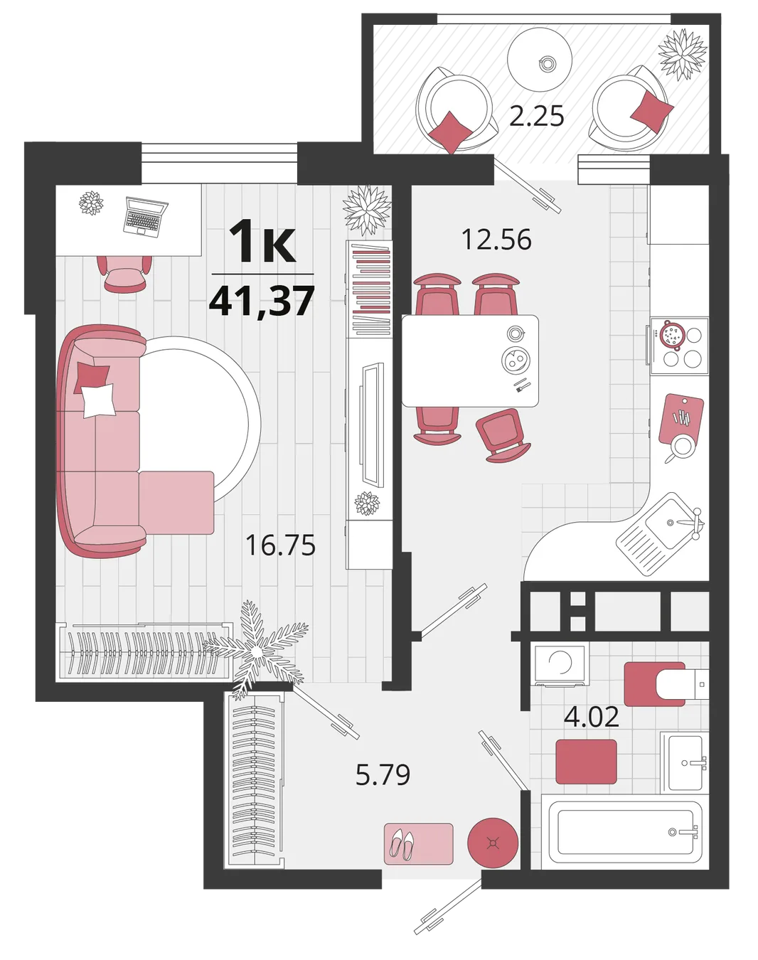 Планировка 1-комн. квартира, 41.7 м² ЖК «Родные просторы»