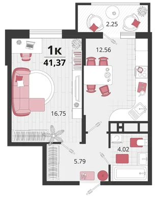 Планировка 1-комн. квартира, 41.7 м² ЖК «Родные просторы»