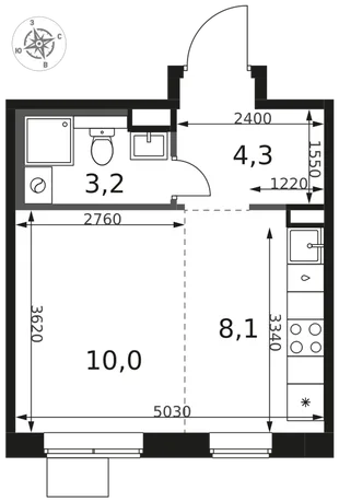 Планировка Студия, 25.6 м² ЖК «1-й Химкинский»