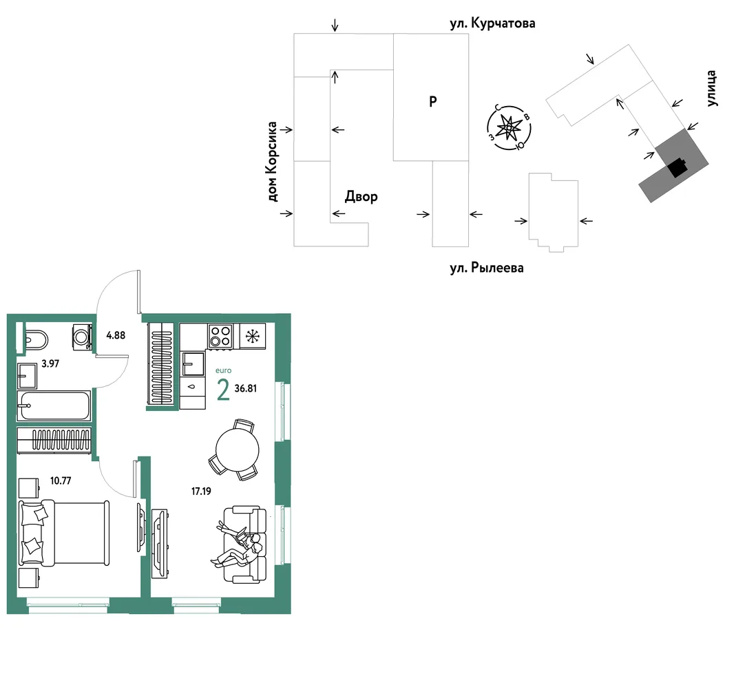 Планировка 2-комн. квартира, 37 м² ЖК «Остров-сад»